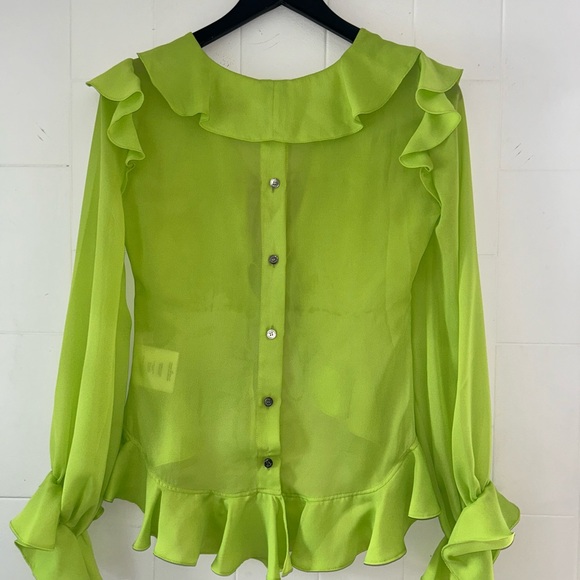Ruffle Trim Sheer Blouse - Lime Green - Picture 2 of 4